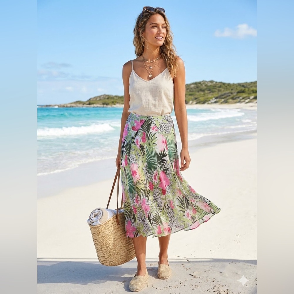 VNTG Women 12 Silk Floral palm tree MIDI full lined Skirt Resort Coastal Beach